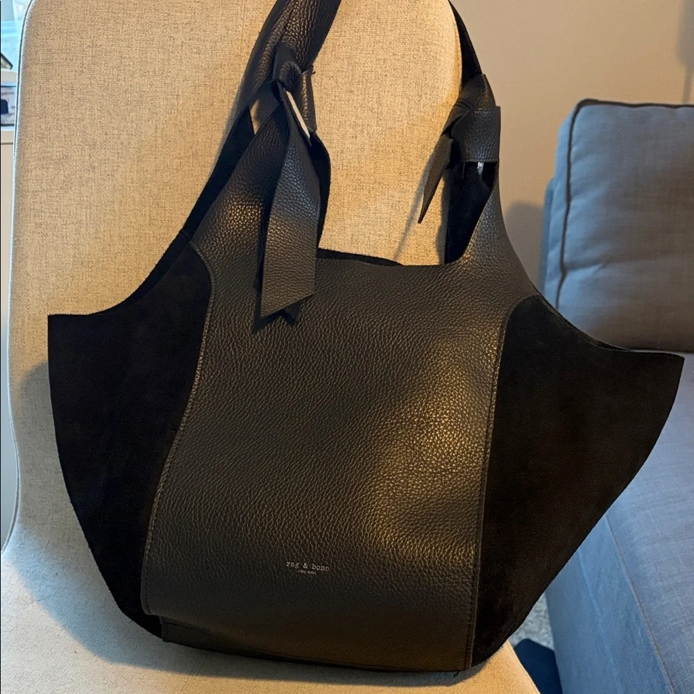Black Leather Shoulder Bag with Side Tie - Picture 2 of 6